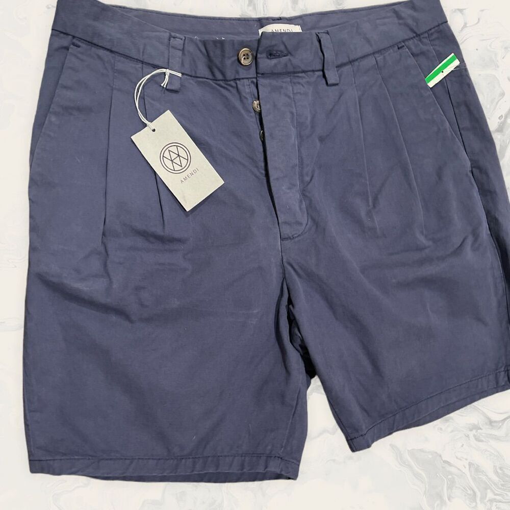 NWT Amendi Mens Karl Pleated Front Shorts -  Size 32W - Blue